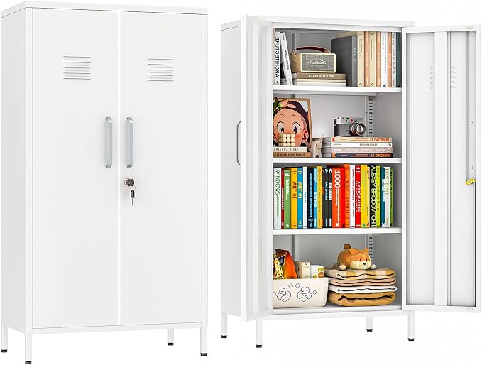 erosoei 47.24" H Metal Locker Storage Cabinet, Office Locker with 3 Adjustable Shelves, Steel Cabinet with 2 Doors, High Leg Organizer for Home Office, Kitchen, Living Room, Bedroom and Bathroom