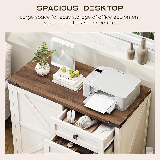 Vabches 5 Drawer Storage Cabinet, Office Storage Cabinet with Door and Adjustable Shelf, Large Farmhouse Printer Stand for Home Office, Rustic White