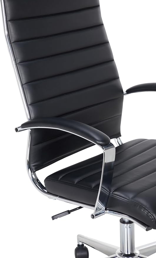 Amazon Basics High-Back Swivel Office Chair with Lumbar Support, Ergonomic Ribbed Faux Leather, Adjustable Height, 45.25" x 24.75" x 23.25", Black