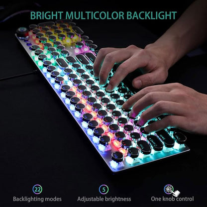 AULA F2088 Typewriter Style Mechanical Gaming Keyboard Wired,Blue Switches,Rainbow LED Backlit,Removable Wrist Rest,Media Control Knob,Retro Punk Round Keycaps,USB Wired Computer Keyboard