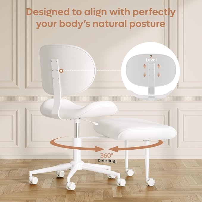 Pinmoco Upgraded Cross Legged Office Chair with Wheels, ADHD Chair for Adults, Wider Height Adjustable Backrest and Seat, Meditation Chair, Ergonomic & Yoga Office Chair, PU Leather, Beige, White