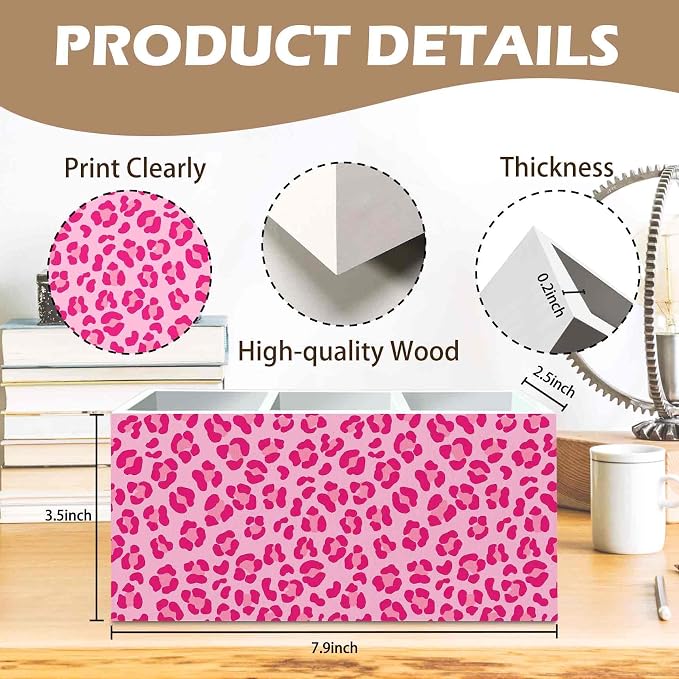 DILSJ Pink Cheetah Print Pen Pencil Holder Organizer for Desk, Cheetah Print Room Decor, Leopard Wooden Box Signs for Women Home Office Desk Tabletop Decoration