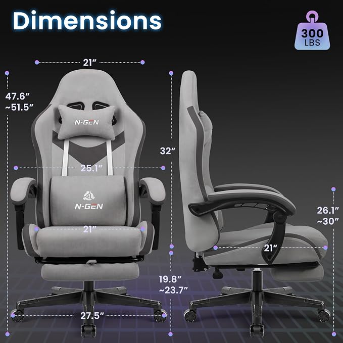 N-GEN GAMING Gaming Chair Video Game Computer Office Desk Use Ergonomic Reclining Backrest Adjustable Armrests Lumbar Support Footrest High Density Foam Breathable Fabric Heavy Duty Base (Grey)