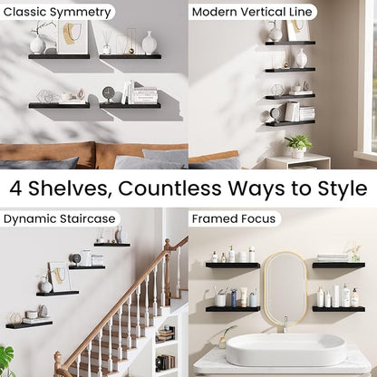 BAYKA Floating Shelves for Wall, 15.7in Wall Mounted Rustic Wood Shelves for Bathroom, Bedroom, Living Room, Kitchen, Hanging Shelf for Books/Storage/Room Decor with 22lbs Capacity (Black, Set of 4)