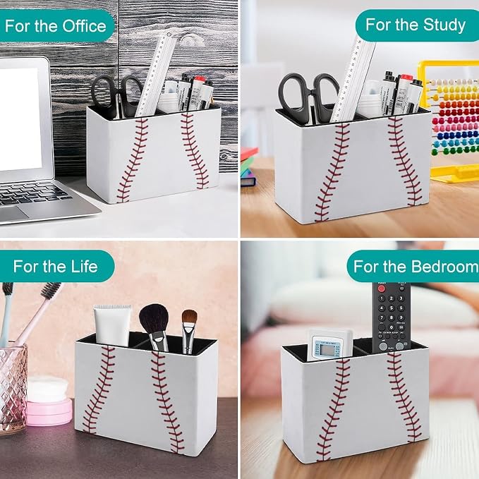 Niapessel Pencil Holder for Desk, Baseball Ball Pen Holder Storage Desktop Pen Organizer Desk Pencil Organizer Makeup Brush Holder for Office School College Leather
