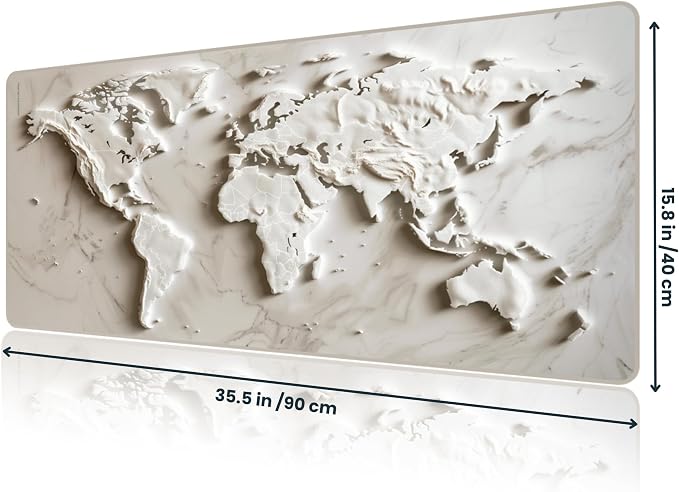 White Marble World Map Desk Pad – Large Mouse Mat for Keyboard and Mouse, Topographic Non-Slip Surface for Desktop