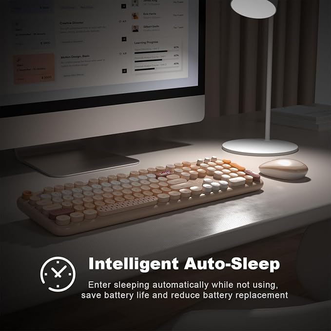 MOFII Wireless Keyboard and Mouse Combo, Full Size 2.4G Plug and Play Typewriter Retro Round Computer Keyboard and Mouse Set for Windows, Computer, Desktop, PC, Notebook - (Milk Tea Colorful)
