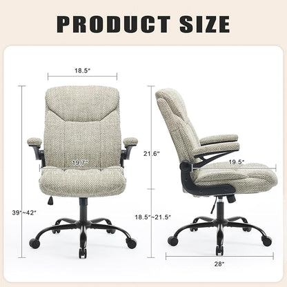 Fabric Executive Office Chair - Ergonomic Computer Chair with Flip-up Arms Comfy Cloth Home Desk Chairs Mid Back Support Adjustable Height Tilt Lock Swivel Rolling Wheels, LightGreen