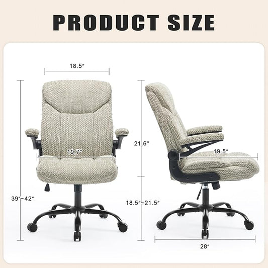 Fabric Executive Office Chair - Ergonomic Computer Chair with Flip-up Arms Comfy Cloth Home Desk Chairs Mid Back Support Adjustable Height Tilt Lock Swivel Rolling Wheels, LightGreen