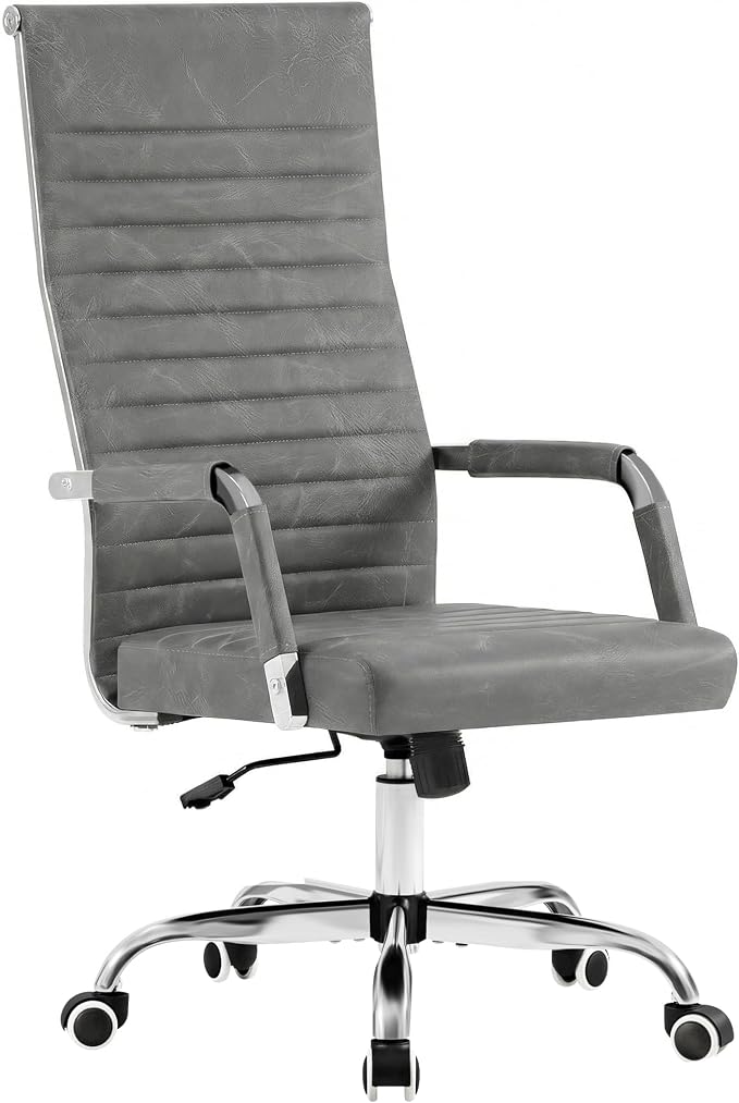 Furmax Ribbed Office Chair High Back PU Leather Executive Conference Chair Adjustable Swivel Chair with Arms (Bicolor Vintage Grey)