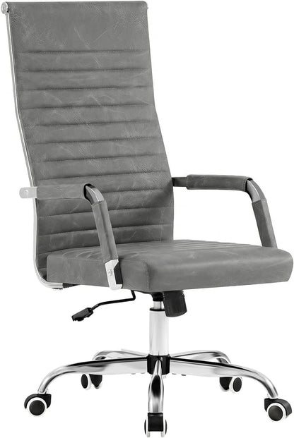 Furmax Ribbed Office Chair High Back PU Leather Executive Conference Chair Adjustable Swivel Chair with Arms (Bicolor Vintage Grey)