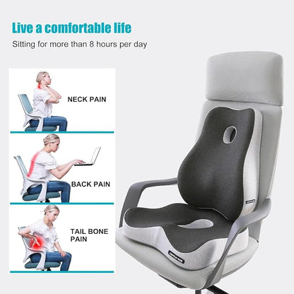 X Large Memory Foam Seat Cushion & Lumbar Support Pillow, Sciatica & Tailbone Pressure Relief Coccyx Cushion for Office Chair, Car, Wheelchair, Home