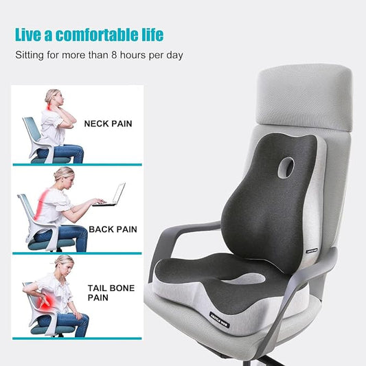 X Large Memory Foam Seat Cushion & Lumbar Support Pillow, Sciatica & Tailbone Pressure Relief Coccyx Cushion for Office Chair, Car, Wheelchair, Home
