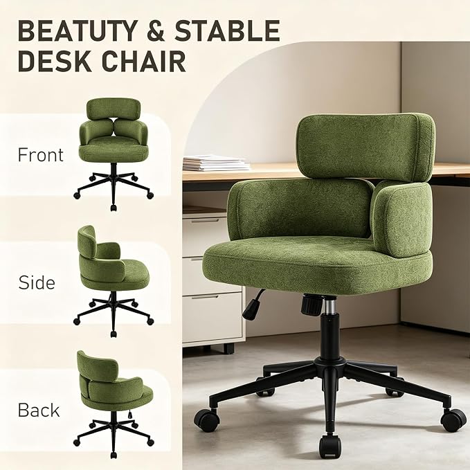 Home Office Chair with Unique Curved Back, Upholstered Wide Seat Desk Chair with Wheels,Swivel Tilt & Height Adjustable, Plush Velvet Fabric Matel Base for Office Study, Green