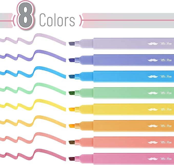 Mr. Pen- Aesthetic Highlighters No Bleed, 8 Pack, Assorted Colors | Chisel Tip, Cute Highlighters Assorted Colors for Journaling, Highlighting, Underlining, Fast Dry, Back to School Supplies