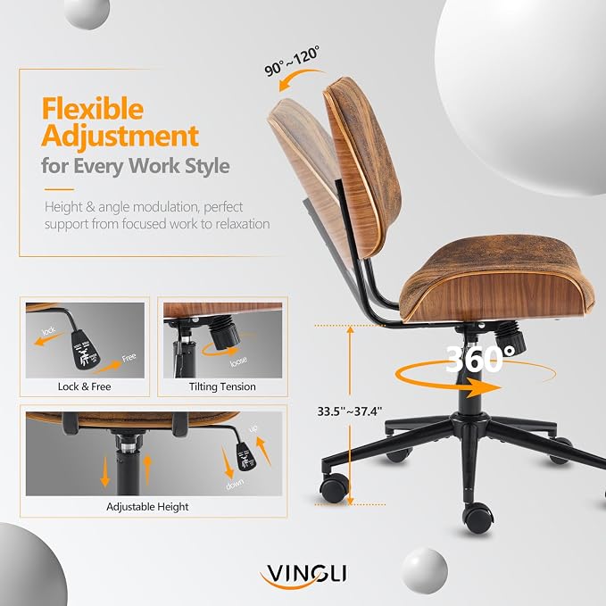 VINGLI Wide Curved Seat&Back Armless Home Office Chair,Ergoromic Adjustable-Height Desk Chair,Swivel&Tilting Function,Stylish Walnut Task Chair for Meeing Room,Dining Room,Vintage Rustic