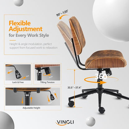 VINGLI Wide Curved Seat&Back Armless Home Office Chair,Ergoromic Adjustable-Height Desk Chair,Swivel&Tilting Function,Stylish Walnut Task Chair for Meeing Room,Dining Room,Vintage Rustic