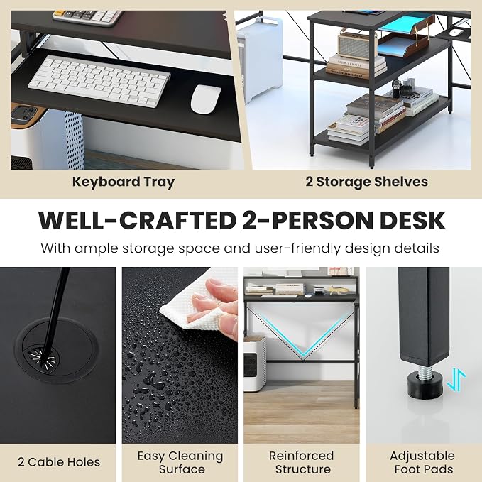 Tangkula 2-Person Reversible Computer Desk with LED Lights, 94.5” Long Office Desk with Power Outlets, Monitor Stand, Keyboard Tray & 2 Storage Shelves, Double Desk for Gaming Working Writing (Black)