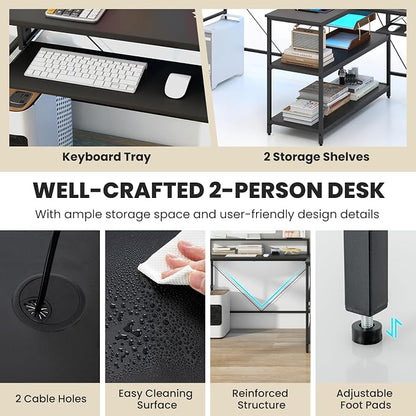 Tangkula 2-Person Reversible Computer Desk with LED Lights, 94.5” Long Office Desk with Power Outlets, Monitor Stand, Keyboard Tray & 2 Storage Shelves, Double Desk for Gaming Working Writing (Black)