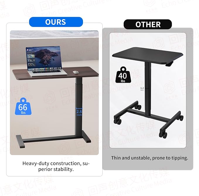 Ywin Medical Overbed Table with Wheels, Pneumatic Lift, Black Walnut | Rolling Bedside Table, Adjustable Height 27–43Inch, Mobile Portable Laptop Desk Perfect for Home Use, Patient Care, Office
