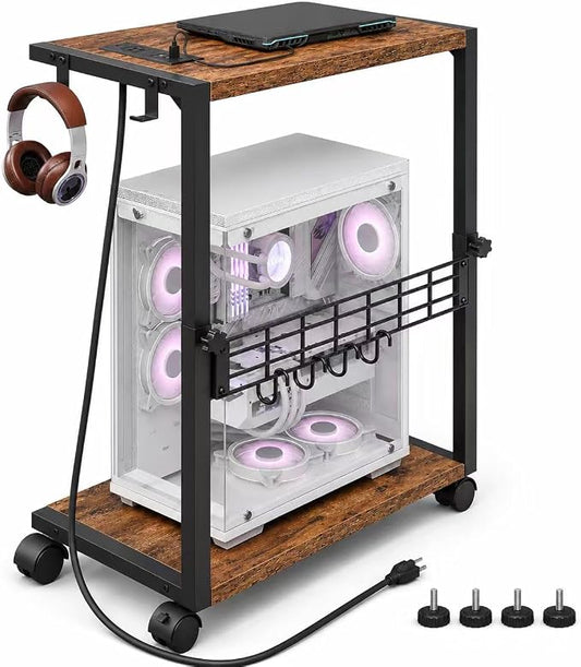 PC Stand with Charging Station, Height Adjustable Computer Tower Stand, 19.7"-31.5" H, Computer Cart with Wheels and Hooks, CPU Holder for Floor, Carpet and Under Desk, Rustic Brown