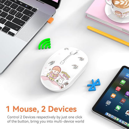 FMOUSE Cute Wireless Mouse Dual Mode with 2.4GHz USB Receiver and Bluetooth Connection for Laptop, iPad, Mac, AA Battery Silent Cartoon Cordless Mice for Kids and Students (Rabbit & Girl)