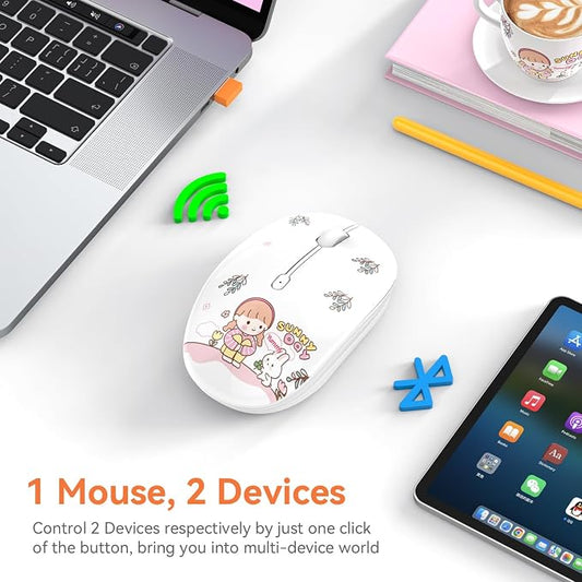 FMOUSE Cute Wireless Mouse Dual Mode with 2.4GHz USB Receiver and Bluetooth Connection for Laptop, iPad, Mac, AA Battery Silent Cartoon Cordless Mice for Kids and Students (Rabbit & Girl)