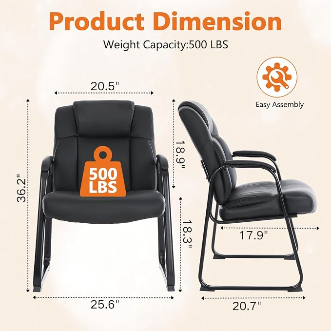 CLATINA Big & Tall 500 lb. Guest Chair, Leather Reception Chairs with Sled Base and Padded Arm Rest for Waiting Room Office Home and Meeting Conference-Black (6 Pack)
