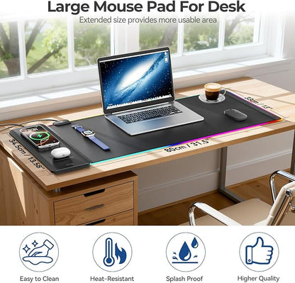 KDD RGB Mouse Pad with Wireless Charging - Desk Mat with Phone Holder and 15W Fast Charger - Gaming Mousepad with Ultra-Smooth Surface, Non-Slip Base - Keyboard Mat for Home Office Gamer Accessories
