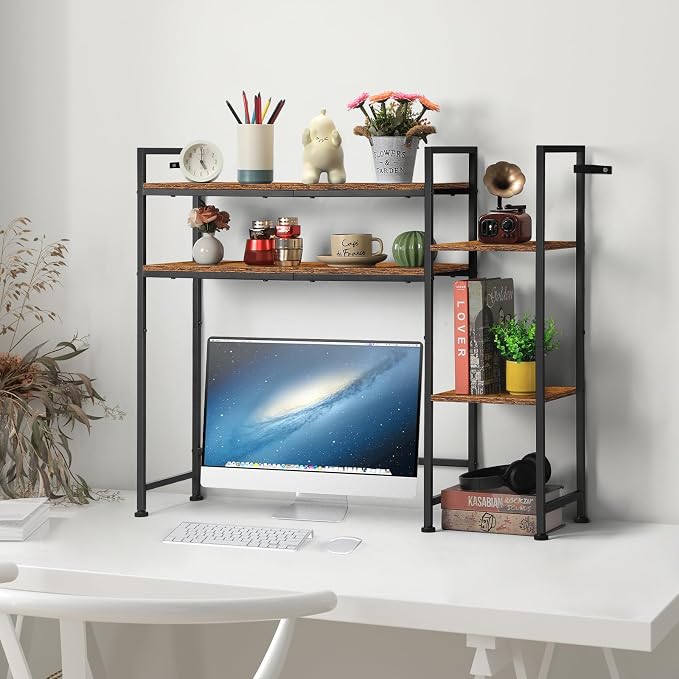 YBING Desktop Bookshelf, Desk Hutch Dorm, 4 Tier Desk Organizer Shelf Wood Over Computer Desk Shelves Multipurpose Desk Top Storage Display Rack for Home Office, Rustic Brown