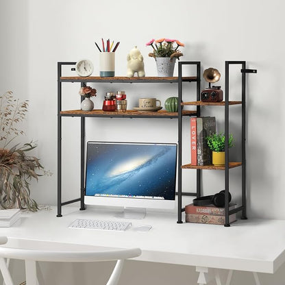 YBING Desktop Bookshelf, Desk Hutch Dorm, 4 Tier Desk Organizer Shelf Wood Over Computer Desk Shelves Multipurpose Desk Top Storage Display Rack for Home Office, Rustic Brown