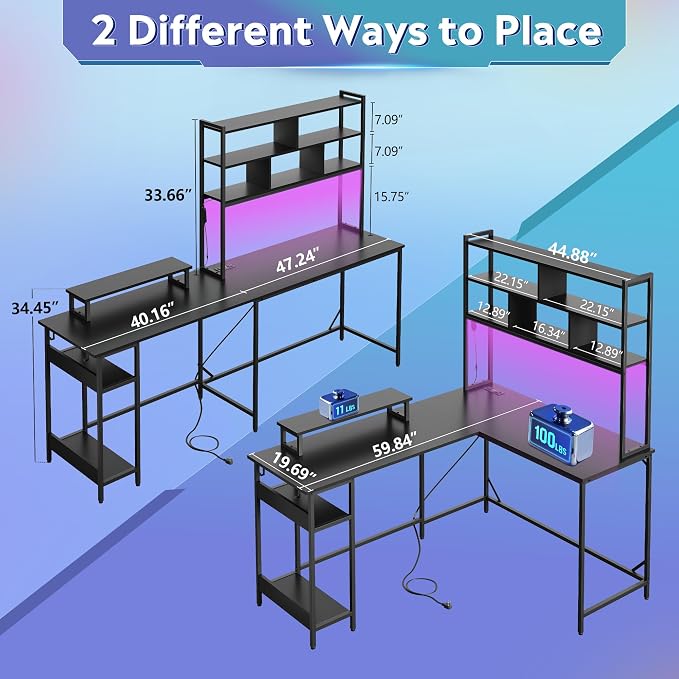 DEVAISE 60 Inch L Shaped Gaming Desk with Drawers and Storage, Corner Desk with LED Lights, Power Outlets, Computer Desk with Monitor Stand, Office Desk for Home, with Hutch, Black