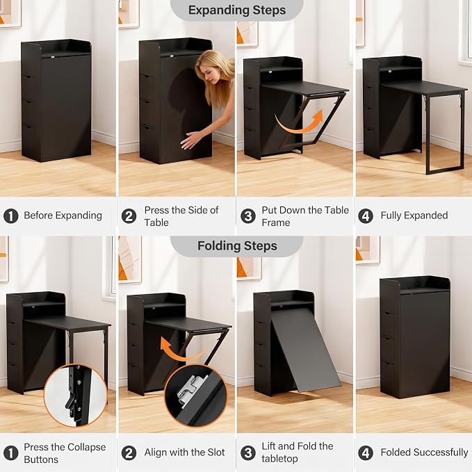 LAUSAINT HOME Wall Mounted Foldable Desk, Space Saving Hidden Desk with Storage & Power Outlet, Fold Out Table for Small Spaces, Home Office Bedroom (Black)