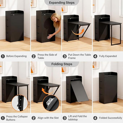 LAUSAINT HOME Wall Mounted Foldable Desk, Space Saving Hidden Desk with Storage & Power Outlet, Fold Out Table for Small Spaces, Home Office Bedroom (Black)