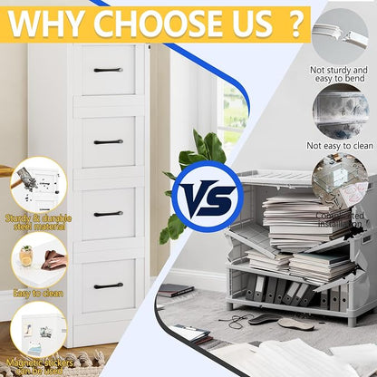 GAIOUS Metal Vertical File Cabinet with Lock, Home Office 4 Drawer Cabinet | 4 Drawer Filing Cabinet, Beside Desk File Cabinet, White Lockable Storage Cabinet, Fits Letter/Legal/A4 Size