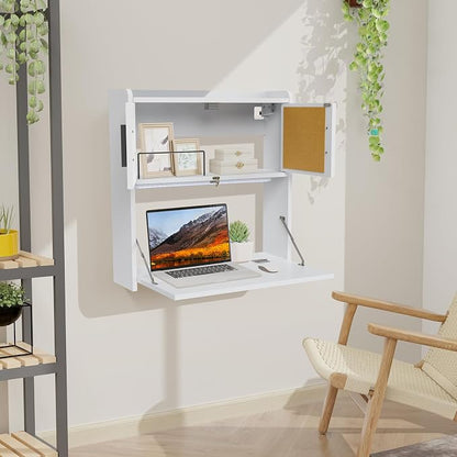 ARTETHYS Wall Mounted Desk Folding with Light Drop Down Hanging Desk | Multifunctional Fold Down Laptop Computer Table, Writing Workstation with Storage Compartments, Space Saving for Home Office