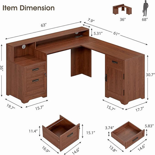 Whalefall 63'' Farmhouse L Shaped Desk with Monitor Stand Shelves, Brown | Corner Computer Desk with Drawers, Executive Home Office L Desk with File Cabinet Storage and Charging Station