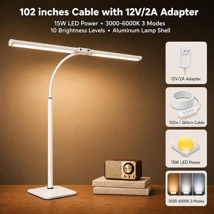 24" Double Head LED Desk Lamp, 15W Wide Architect Desk Light with Base for Home Office, Smart Memory, 360° Flexible Gooseneck Task Lamp, 3 Colors 10 Brightness Tall Monitor Light,White