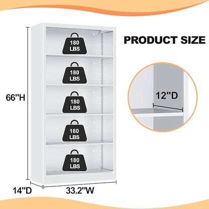 VASAAOSD 66" Tall Metal Bookcase, 5 Shelf White Bookcase with Adjustable Shelves, Large Bookshelves and Bookcases, Modern Book Shelf Storage Organizer for Living Room, Home Office, Library