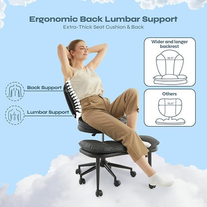 Pinmoco Ergonomic Cross Legged Office Chair for ADHD, Kneeling Chair with 360° Swivel Wheels and Reversible Seating for Meditation, Adjustable Height and Seat Deapth, PU Leather, Black