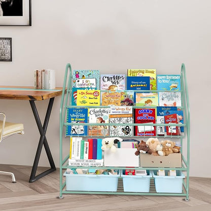 aboxoo Metal Kids Bookshelf Green Freestanding for Children Room 32 in Toy Organizer Book Unit Storage Large Green Stable Bookcase Bookstore Living Room Bed Room Library