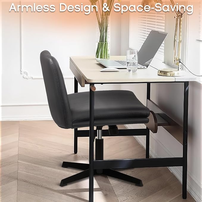 PUKAMI Criss Cross Chair,Comfy Cross Legged Office Desk Chair No Wheels,Modern Fabric Swivel Adjustable Height Mid Back Wide Seat for Home Office Computer (Pu Grey)