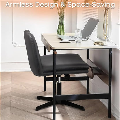 PUKAMI Criss Cross Chair,Comfy Cross Legged Office Desk Chair No Wheels,Modern Fabric Swivel Adjustable Height Mid Back Wide Seat for Home Office Computer (Pu Grey)