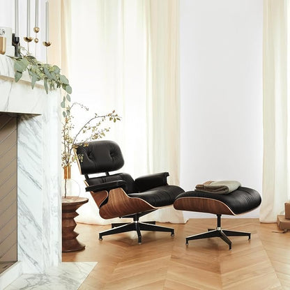 Mid Century Chaise Lounge Chair with Ottoman, Genuine Leather Reading Chair, Modern Chair Classic Design, Heavy Duty Base Support for Living Room Study Lounge Office,Tall Premium, Walnut Black