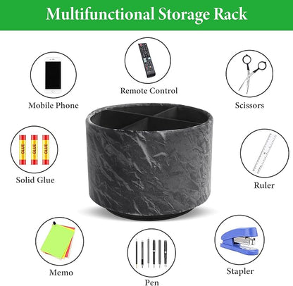 Round Leather Art Supply Organizer,Remote Control Holder,360 Degree Spinning,Multi-Functional Pencil Holder,4 Compartments Desktop Stationary Organizer(1-Hill Black)
