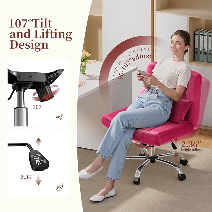 Warmiehomy Criss Cross Office Chair with Wheels, Velvet Cross Legged Desk Chairs for Home, Height Adjustable Swivel Wide Seat Computer Chair, Modern Vanity Chair for Women, Hot Pink