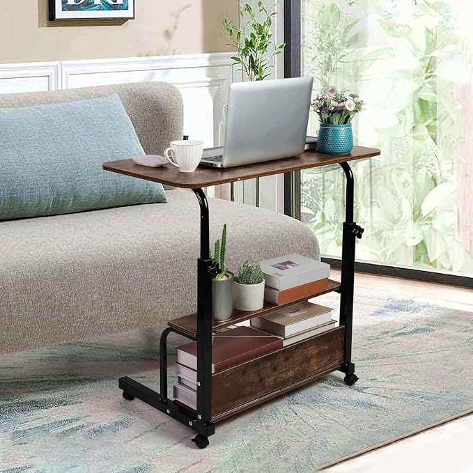 Adjustable Height Mobile Computer Desk for Small Space Rolling Writing with Wheels Corner Home Office Study Portable Desks Standing Desk Rolling Desk Mobile Laptop Table Size 31.5X15.7 Inch Brownish