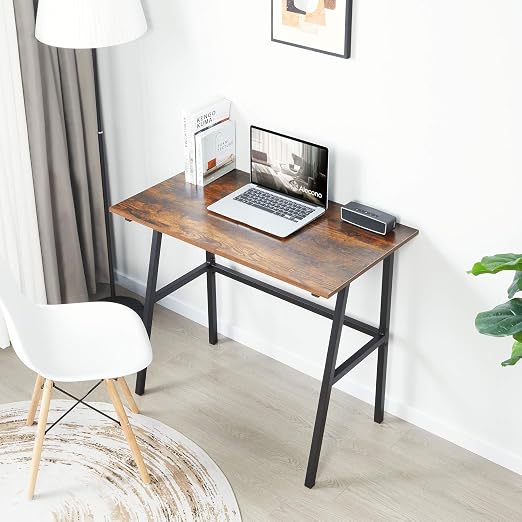 Alecono Small Computer Desk 35'' Study Writing Desk for Small Spaces Modern Simple Metal Frame Rustic Brown