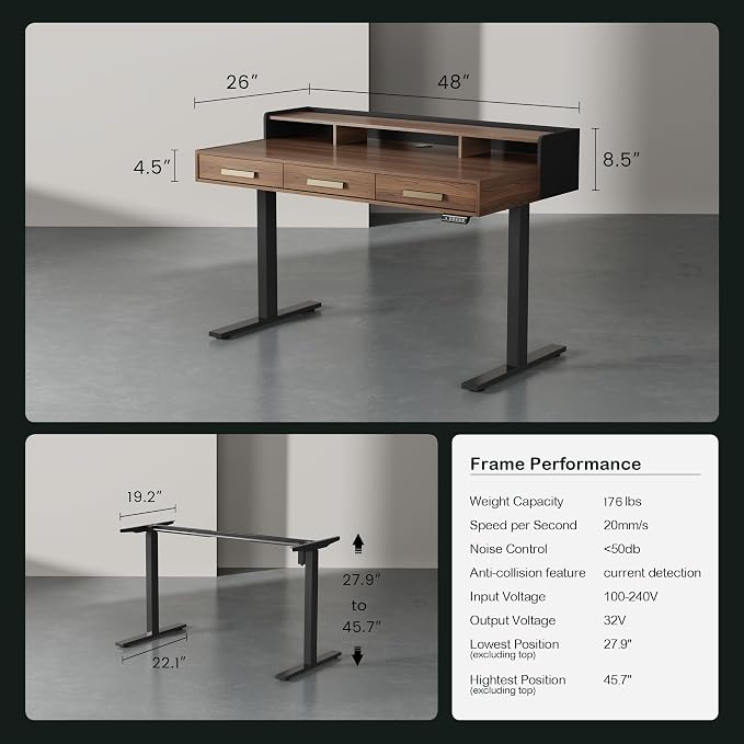 ModernMate Electric Standing Desk with 3 Drawers & Monitor Shelf, 48" Height Adjustable Sit Stand Desk with Storage, Home Office Computer Workstations for Small Space, Black Walnut