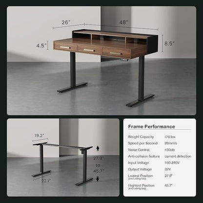 ModernMate Electric Standing Desk with 3 Drawers & Monitor Shelf, 48" Height Adjustable Sit Stand Desk with Storage, Home Office Computer Workstations for Small Space, Black Walnut
